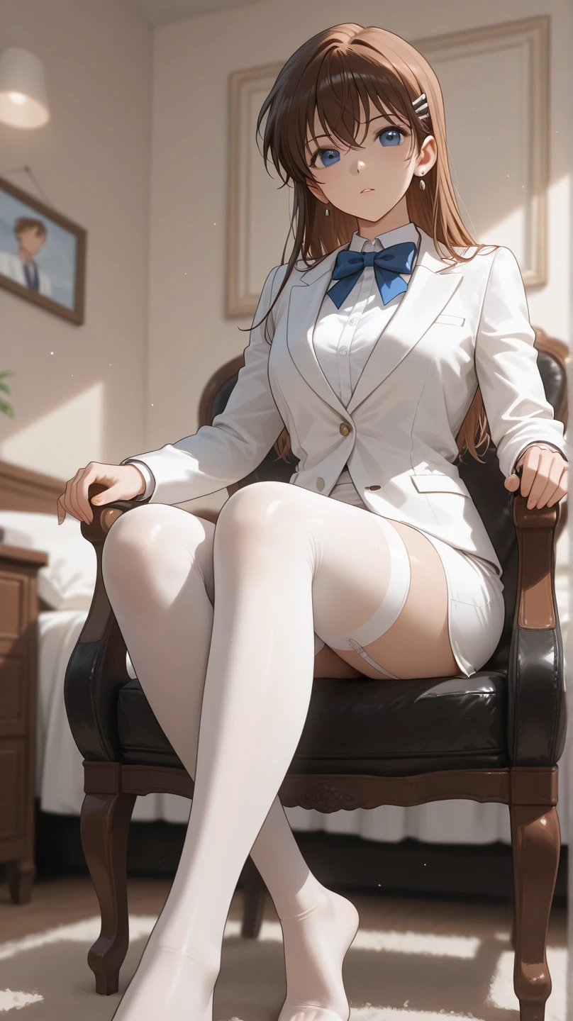 1 girl,​masterpiece、beautiful  lighting、Detailed beautiful face、Detailed beautiful eyes、hight resolution、Ultra-fine illustration、extremely delicate and beautiful、top-quality、The whole body is shown,、(A dark-haired、poneyTail:1.7), (eye glass:1.2)、Focus Leg、Curvaceous, beauty legs、(Sit on a chair and cross your legs:1.2),(shinny hair, Glossy eyes, shinny skin), (glistning skin) ,(Business suits、tight skirts,Shirt、Sleeveless ),Armpit、armpit、thighs thighs thighs thighs、A smile、black thighhighs、Watch your audience、under the boobs、blushed、perspiring、Jeweled、thick thight、(white panty hose:1.7)、Blushing cheeks、a short skirt、Show thighs、high-heels