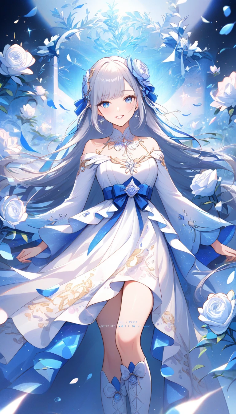 Top Quality, Full Body, High Quality Texture, Fine-grained, Realistic Expression of Face, Detailed Skin, Anime, Girl, Gentle Eyes, Sexy, Mix, Model, Illustration, Portrait, Semireal, Princess, Dress, White Dress, Fair Skin, Wind Flower, Meadow, Water Lake, Sun, Light, (Small), White Hair