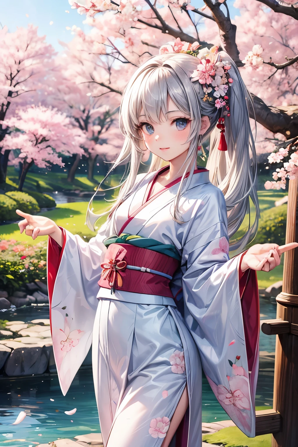 masterpiece,Highest quality,very detailed,photorealistic,realistic, ultra high resolution, Masterpiece,Pretty Girl,elegant,(small breasts),Age 15,Very long silver hair,skinny,Completely,slender,(flat chest),is very cute, kimono, Japanese kimono, Traditional Japanese Costumes,Japanese beautiful pattern kimono,cherry blossoms in full bloom,Cherry blossom trees,Cherry Blossom Viewing,garden,river, correct handshake,Active Poses,Outdoors