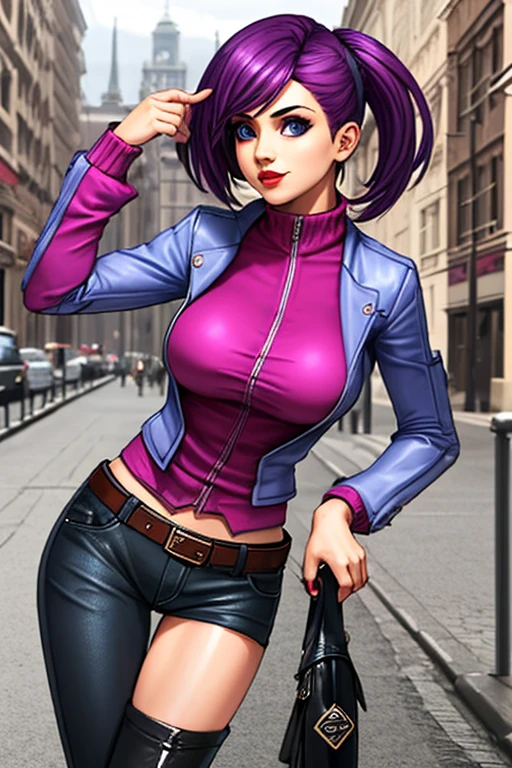 score_9, score_8_up, score_7_up, anime_source, BREAK, masterpiece, best quality, 1girl, solo, Juri Han purple eyes, black hair, bangs, hair horns, multicolored hair,streaked hair, makeup, lipstick, fingerless gloves,multiple belts, collar, spiked bracelet, aqua nails, chaps, baggy pants,toeless legwear,jacket,driving a car, looking at viewer, sexy smirk, winking at the camera, tongue out