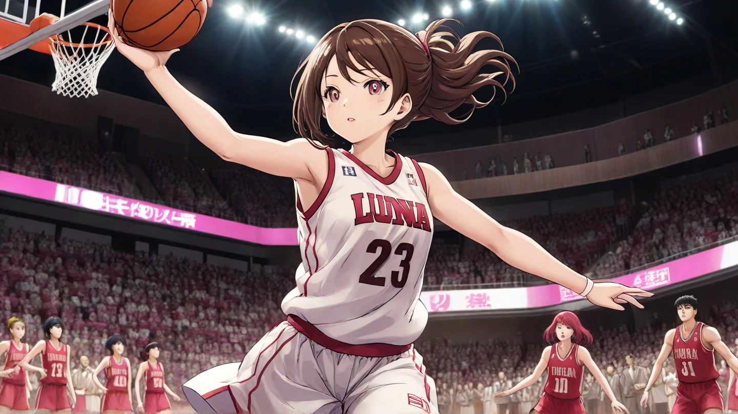 (Highest quality:1.5, High resolution, 超High resolution, 4K, Detailed lighting, Shaders), ((Misaka Mikoto)) ,Solo Shorthair Brown Hair Brown eyes Cool face ((Basketball Uniform))++ Realistic Gym Sweat Super fatty muscle Preparing for exercise No ball Sleeveless Cowboy shot, arms up Beautiful Armpits 腋Sweat