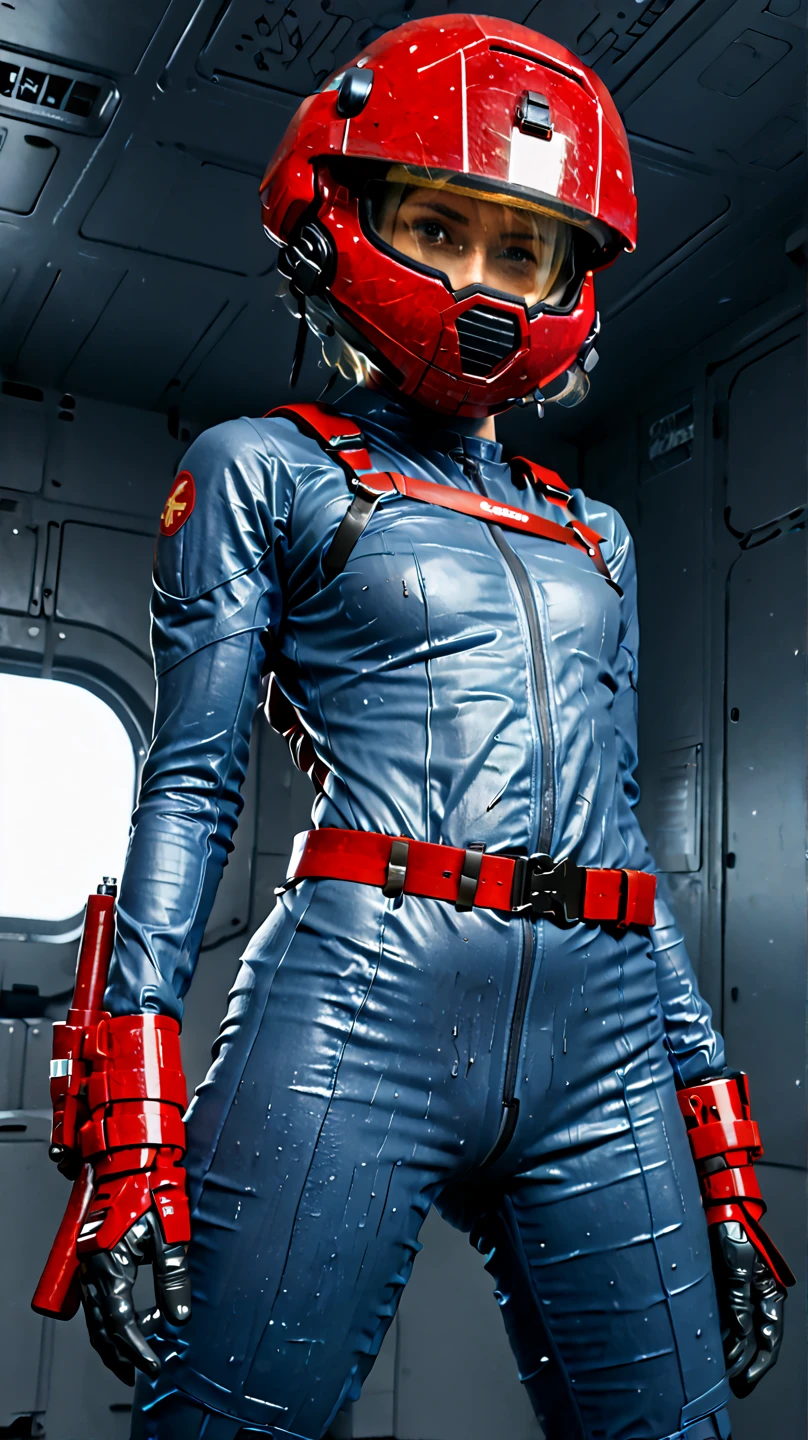 ((power rangers)), One guy、 Red costume, Solo, ((Slim figure)), (Anatomically correct), Cowboy shot, masked face, (Red composite tracksuit), (Well-designed hero set), Suitable for complex production lines, Thin one-piece influencer suit, Long leather gloves to white elbows,,,,, The arm sleeve is made of hard material, White leather boots, Wearing a full-face helmet, (White belt), (Large metal clasp), (Full body suit), (Full face helmet,No exposed face), Crystal embedded in the helmet, (Very shiny sportswear), Silk weave set, gym clothes that adhere to the body,dynamicposes