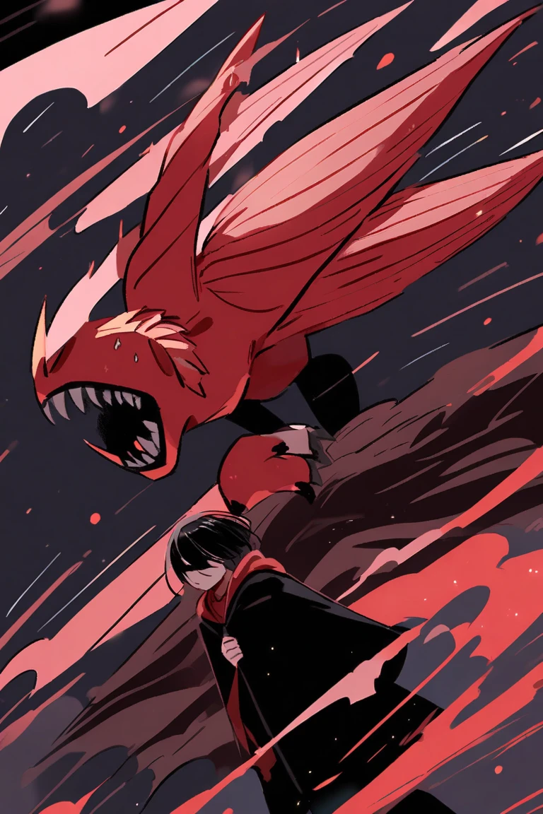A strange bird without a face, gray hair with red text painted all over the body