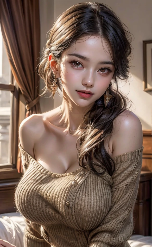 open chest、cardigan、laughter、room、8K、delicate face、detailed face、simple background