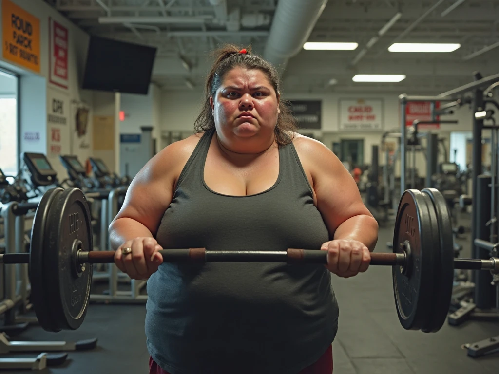 create an image of an obese woman angry about being in the gym working out using dumbbells
