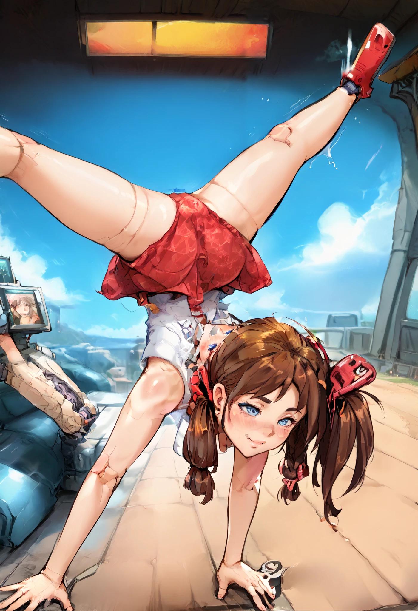 A mechanical lady is diving in the sky, very short pigtails, brown hair, Hair tie with two red big red clothespins, android, blue eyes, flushed cheeks, anime picture, from back view, full body figure. She closes her eyes. She wares no cloths. She arches her body. She feels heavy ecstasy and she is fainting in orgasm, close her eyes. handstand.