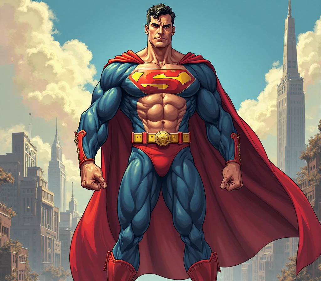 (muscular cute beautiful young boy), huge strong biceps volume, huge firm breasts volume, enormous tits volume, muscular strong legs, exposed abs skin, city destruction fire background, tight superhero leather blue underwear and cape, wavy hair, huge cock bulge