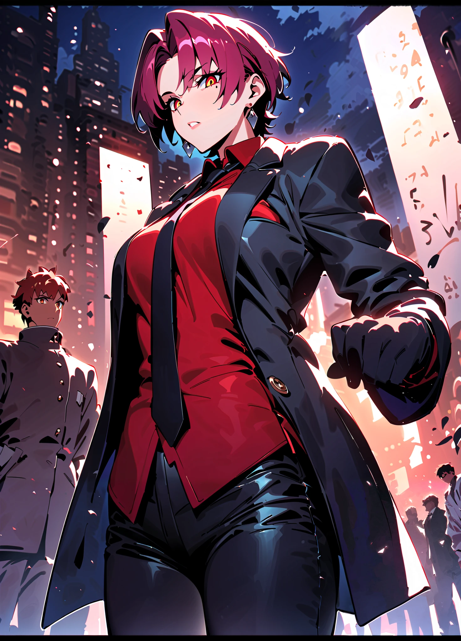 (masterpiece), (best quality), amazing quality, (very aesthetic), light particles, scenery, ultra detailed, score_9,score_8_up,score_7_up, BREAK, 1boy, emiya shirou \(fate\), 1girl, bazett fraga mcremitz \(fate\), gloves, short hair, black gloves, pants, necktie, red eyes, looking at viewer, mole, shirt, suit, long sleeves, black pants, formal, red shirt, mole under eye, coat, black necktie, grey coat, red hair, outdoors, parted bangs, collared shirt, open clothes, building, black suit, sky, jewelry, earrings, open coat, dress shirt, petals, container, breasts, jacket, black coat, purple hair, black jacket, cloud, night, dark, (backlighting), seductive expresion, sexually suggestive, dynamic lighting, dynamic angle, sharp focus, distortion-free, illustration, ,masterpiece,best quality,amazing quality, absurdres, perfect_anatomy, intricate eyes, anatomically_correct_body, extremely detailed eyes, (expressive eyes), EyesHD, beautiful eyes, perfect eyes, extremely detailed skin, (heavy lines, black outline), high score, great score, year2024, year2023, ultra high resolution, 8K, UHD, HD, HDR, high contrast, (nyantcha:0.5), (takeuchi takashi:0.5), (edjim:0.5),