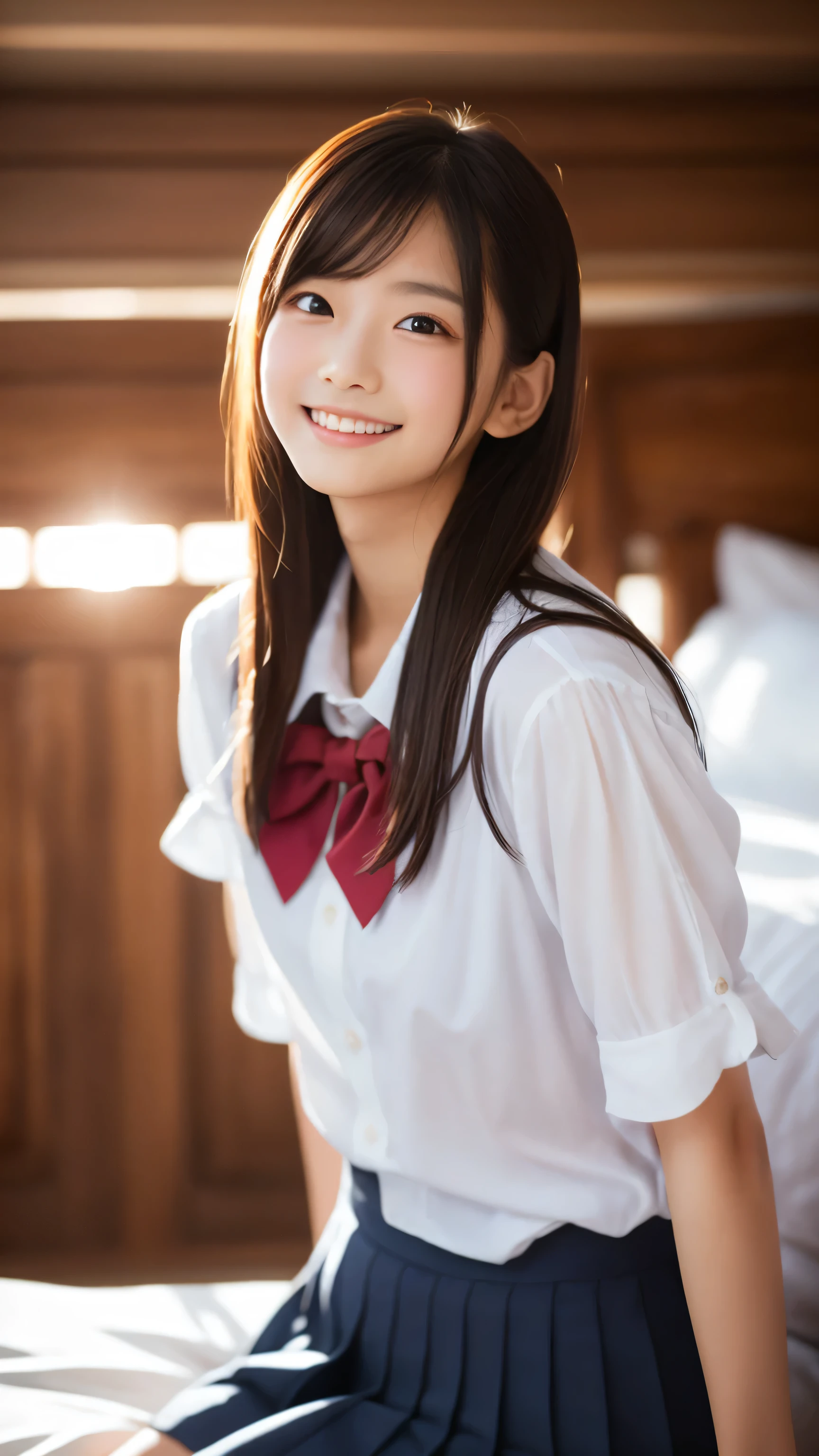 (8K, Highest quality, masterpiece:1.2, RAW Photos), One girl, (Cute school girl, Idol, beautiful girl, Baby Face:1.2), (Knee socks:1.2, Skin Dentition:1.5), (Small beautiful butt, Thin thighs, Tight waist), Delicate skin, (night, (Dark Room)), Beautiful Bangs, nice, (Clothing and uniforms:1.3), (Attractive breasts:1.2), (Mouth closed:1.2, Beautiful Eyes, Fine grain, Detailed Iris, Beautiful Lips, Beautiful Nose, Beautiful Face), (primary color:1.5), (Beautiful sparkling eyes:1.3), (Detailed eyes and face:1.3, Professional photography techniques), (Detailed hands:1.2), (Gaze at the viewer, blush:1.2, Meaningful smile), (Perfect Anatomy:1.3), (Photorealism:1.3), (Sexy underwear is visible:1.2)
