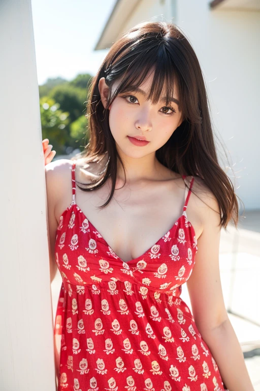 masterpiece, Highest quality,16K, Ultra-high resolution,The light and shadow of reality,Cinema Lenses,(Very skinny),(Very firm, large, well-shaped, beautiful breasts),((Beautiful thin white thighs)),((Very slim and beautiful arms)),((She has outstanding style)),((Big, shining, beautiful eyes)),((Beautiful white and shining skin)),((Cute Japanese Girls)),((She is wearing a lacy red and black argyle plaid camisole dress.)),((She is having fun splashing around in the sea)),(Beautiful Eyes:1.1), ((Medium shot scenes,Upper Body)),Sexy pose<Clear eyes and a gentle smile,
