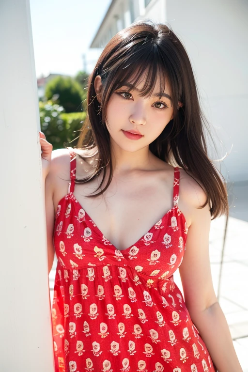 one person、18-year-old、Full body photo、slender、woman、White drool coming out of the mouth、smile、Short Twin Tails、Stick your butt out、 Fair skin, messy hair, super cute、Soft and Face、8K resolution、Surreal、Ultra high definition、 A-cup small breasts((Highest resolution、8k、masterpiece:1.3))、Ultra-fine face、Ultra Fine Lips、Beautiful Eyes、double eyelid,Pink wall、Red striped bandeau dress:1.1、Thighs、thin,Thighs are visible、Shapely small breasts、sculptural pose、