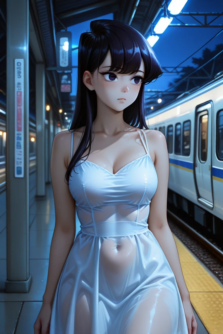 Your influencer character(sexy milf boobs) with long, dark hair travelling on a metro rail. She is dressed in a casual mannar dress with glasses and has a joyful expression on her face. colourful and bright colouring. 