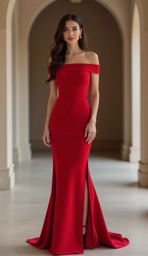 Red high neck long dress,Full of elegance,Black Hair,The chest is small,Beautiful face,stare
