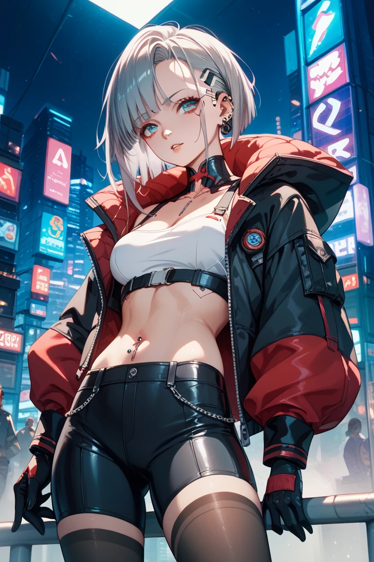 (magazine cover:1.3), (original: 1.2), masterpiece, best quality, beautiful clean face, (full body:1.1), lucy \(cyberpunk\), 1girl, against railing, arm rest, bangs, bare shoulders, belt, black belt, black leotard, black pants, blurry, bob cut, breasts, building, cityscape, clothing cutout, cropped jacket, cyberpunk, depth of field, from side, gradient eyes, grey eyes, grey hair, jacket, leotard, lips, long sleeves, mechanical parts, medium breasts, multicolored eyes, multicolored hair, night, night sky, off shoulder, open clothes, open jacket, outdoors, pants, parted lips, railing, red eyeliner, science fiction, short hair with long locks, short shorts, shorts, sidelocks, sky, solo, standing, thigh cutout, white jacket, white shorts,