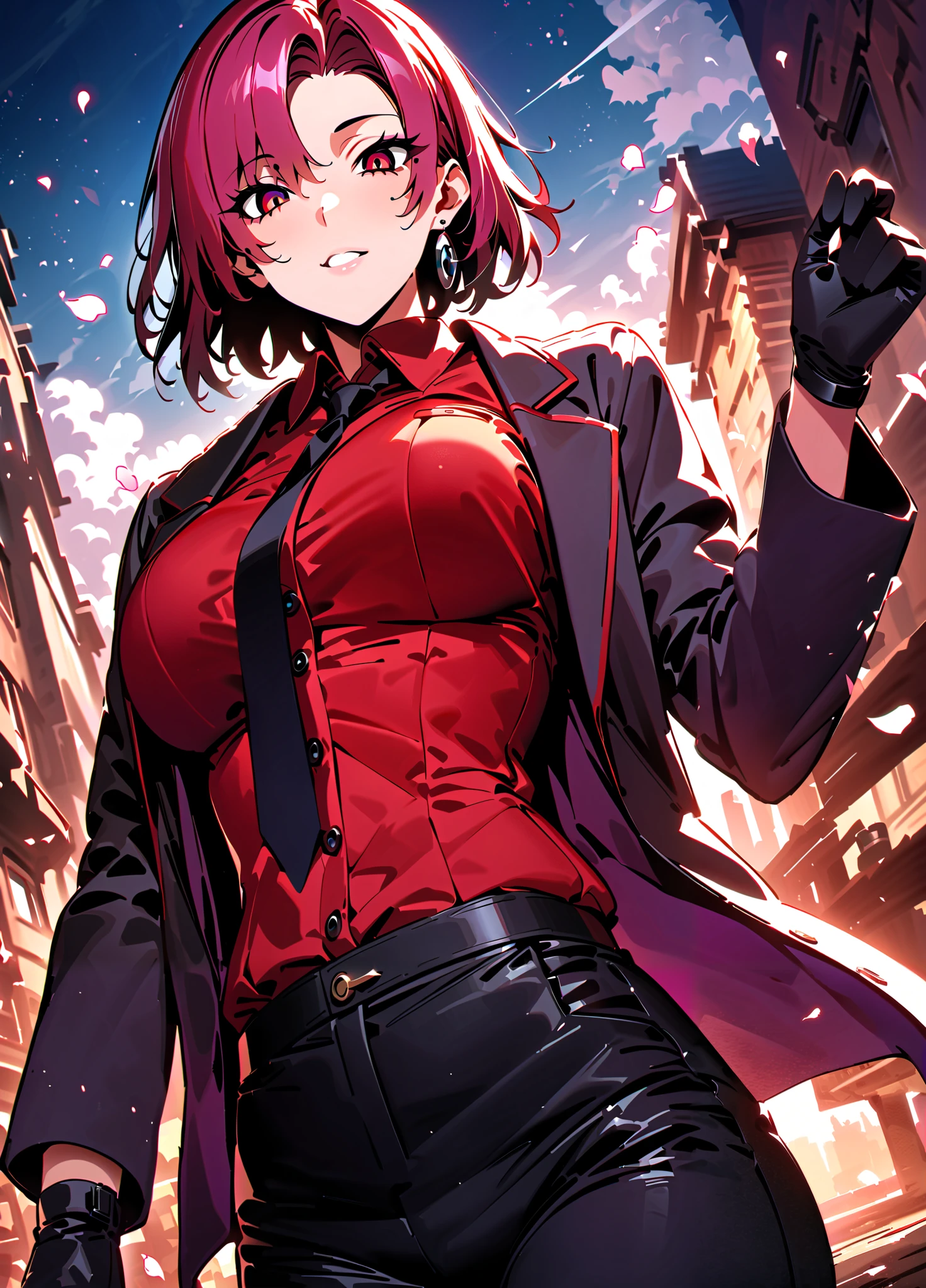 (masterpiece), (best quality), amazing quality, (very aesthetic), light particles, scenery, ultra detailed, score_9,score_8_up,score_7_up, BREAK, 1boy, emiya shirou \(fate\), 1girl, bazett fraga mcremitz \(fate\), gloves, short hair, black gloves, pants, necktie, red eyes, looking at viewer, mole, shirt, suit, long sleeves, black pants, formal, red shirt, mole under eye, coat, black necktie, grey coat, red hair, outdoors, parted bangs, collared shirt, open clothes, building, black suit, sky, jewelry, earrings, open coat, dress shirt, petals, container, breasts, jacket, black coat, purple hair, black jacket, cloud, night, dark, (backlighting), seductive expresion, sexually suggestive, dynamic lighting, dynamic angle, sharp focus, distortion-free, illustration, ,masterpiece,best quality,amazing quality, absurdres, perfect_anatomy, intricate eyes, anatomically_correct_body, extremely detailed eyes, (expressive eyes), EyesHD, beautiful eyes, perfect eyes, extremely detailed skin, (heavy lines, black outline), high score, great score, year2024, year2023, ultra high resolution, 8K, UHD, HD, HDR, high contrast, (nyantcha:0.5), (takeuchi takashi:0.5), (edjim:0.5),