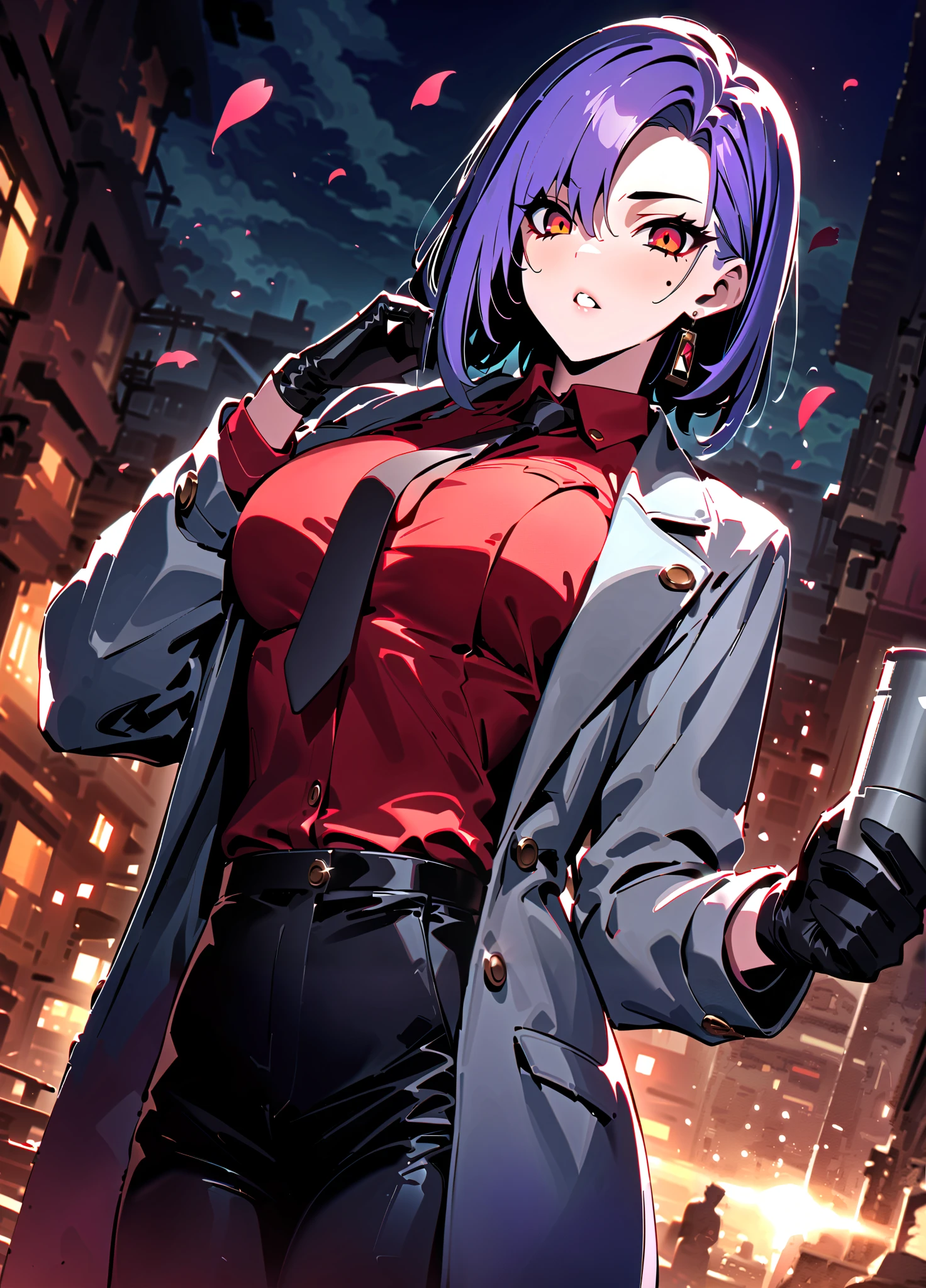 (masterpiece), (best quality), amazing quality, (very aesthetic), light particles, scenery, ultra detailed, score_9,score_8_up,score_7_up, BREAK, 1boy, emiya shirou \(fate\), 1girl, bazett fraga mcremitz \(fate\), gloves, short hair, black gloves, pants, necktie, red eyes, looking at viewer, mole, shirt, suit, long sleeves, black pants, formal, red shirt, mole under eye, coat, black necktie, grey coat, red hair, outdoors, parted bangs, collared shirt, open clothes, building, black suit, sky, jewelry, earrings, open coat, dress shirt, petals, container, breasts, jacket, black coat, purple hair, black jacket, cloud, night, dark, (backlighting), seductive expresion, sexually suggestive, dynamic lighting, dynamic angle, sharp focus, distortion-free, illustration, ,masterpiece,best quality,amazing quality, absurdres, perfect_anatomy, intricate eyes, anatomically_correct_body, extremely detailed eyes, (expressive eyes), EyesHD, beautiful eyes, perfect eyes, extremely detailed skin, (heavy lines, black outline), high score, great score, year2024, year2023, ultra high resolution, 8K, UHD, HD, HDR, high contrast, (nyantcha:0.5), (takeuchi takashi:0.5), (edjim:0.5),