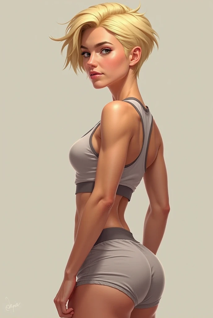 Girl, fr emale, blonde, short hair, muscular, arms are crossed behind her back, wearing skirt, tanned skin