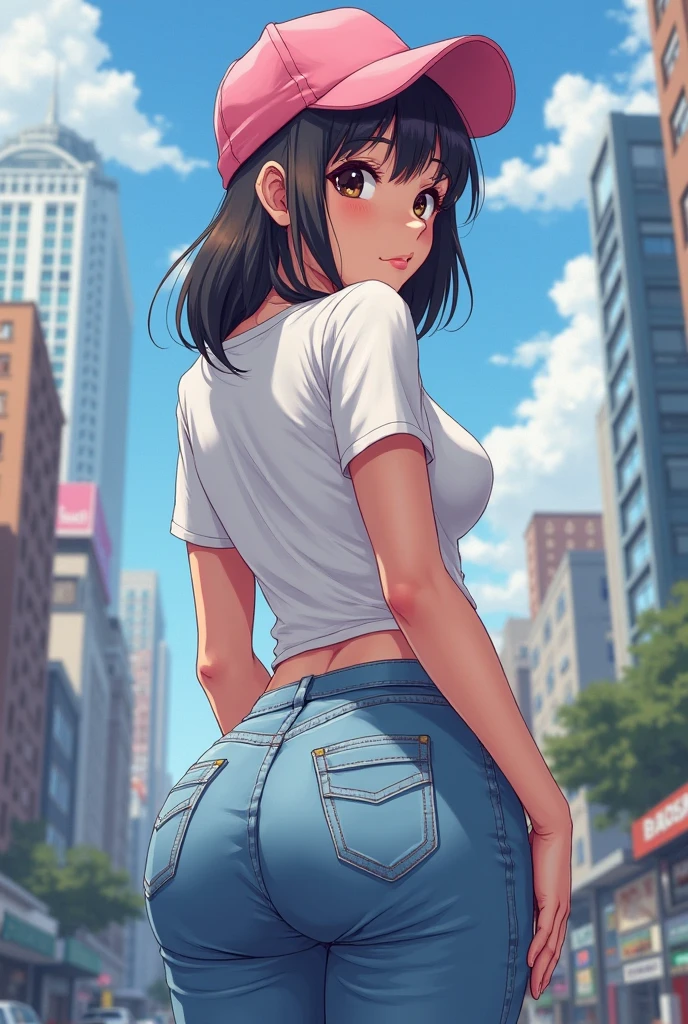(masterpiece, best quality: 1.2), cowboy shot, solo, 1girl, yaoyorozu momo, anime screencap, city, long hair, black hair, gray eyes, looking at the viewer, lustful, closed mouth, ass, wide hips, short shirt, short shorts, unbuttoned shorts, squatting, legs apart, erotica, back