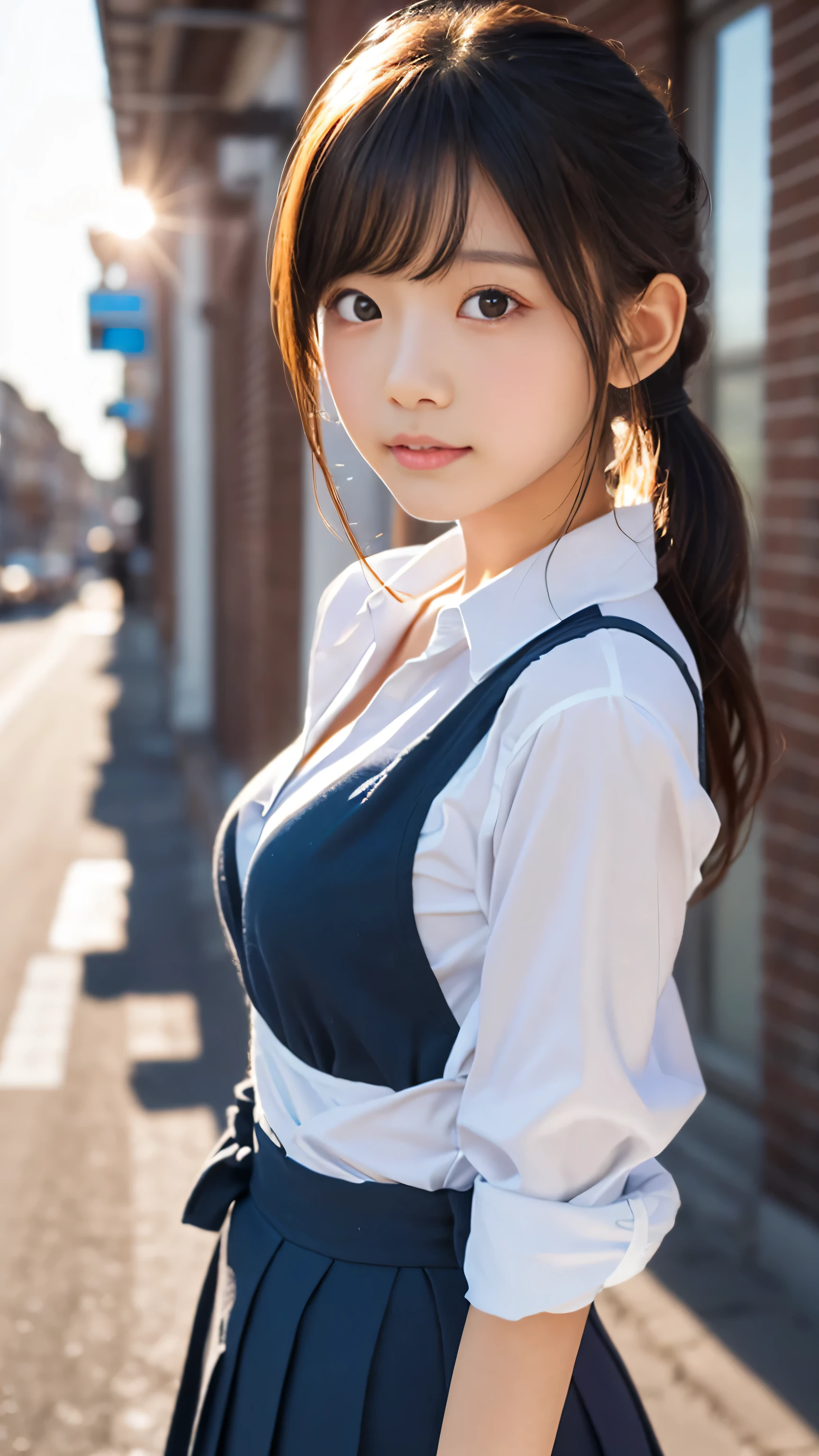 ((Top Quality, 8k, Masterpiece: 1.3)), Pretty Women with Perfect Figure: 1.4, (Big: 1.2), Highly Detailed Face and Skin Texture, Detailed Eyes, High School Students, Uniforms, Blouses, Miniskirts, (Poses at School: 1.2), 1girl, Cinematic, Full Body, Japan Goddess, Ponytail, Smile, There Are Students, People Are Being Watched, Waist Wriggling Poses