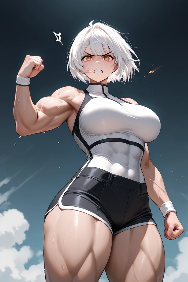 (((muscular girl toned body massive breasts))) yellow eyes hair between eyes pale skin sweaty