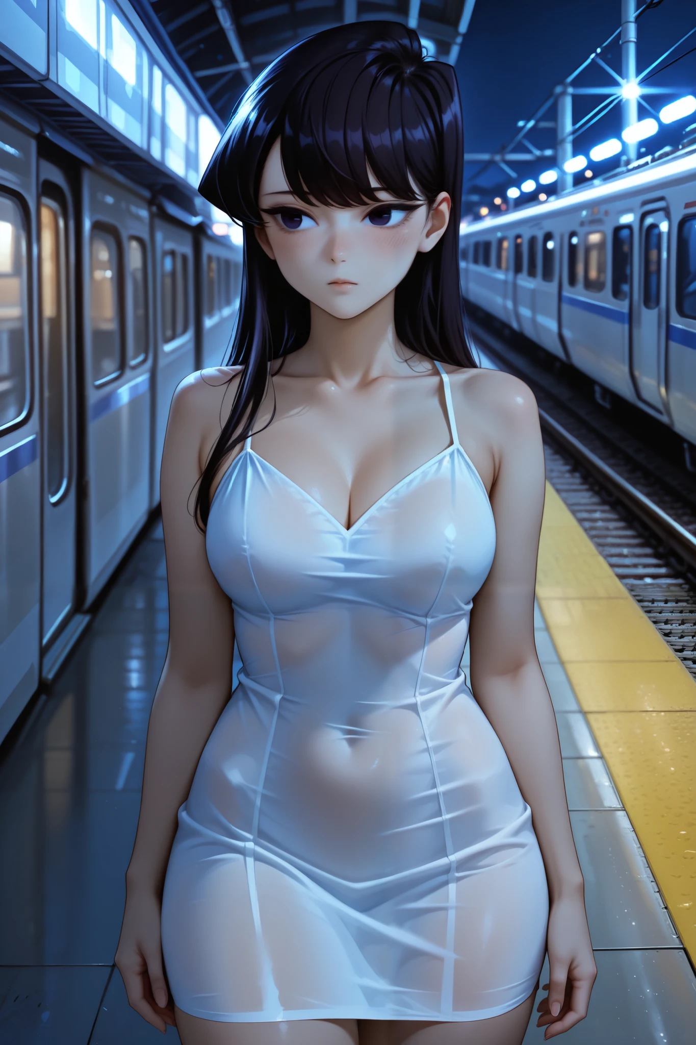 ((upper body)), (wide hip:0.7, large breasts:0.8, perfect slender young girl body), Perfectly glossy skin ,25 yo mature girl, , picture of a vivid, (masterpiece:1.2), (extremely detailed), (8k:1.1),(perfect lighting, best quality,highres,original), (realistic photography:1.4), high detailed skin, shaded face, soft lighting, (small face), RAW, ultra highres, pores visible, shiny_and_glossy_skin, asian beauty, (gorgeous beautiful 20 years old asian girl), ((best detailed slender body)), (asian idol, asian beauty, asian mixed), In the Japanese subway in a train, wear mask:1.5, (wear (see-through) High Leg Ribbed Sleeveless Bodysuit):1.2,