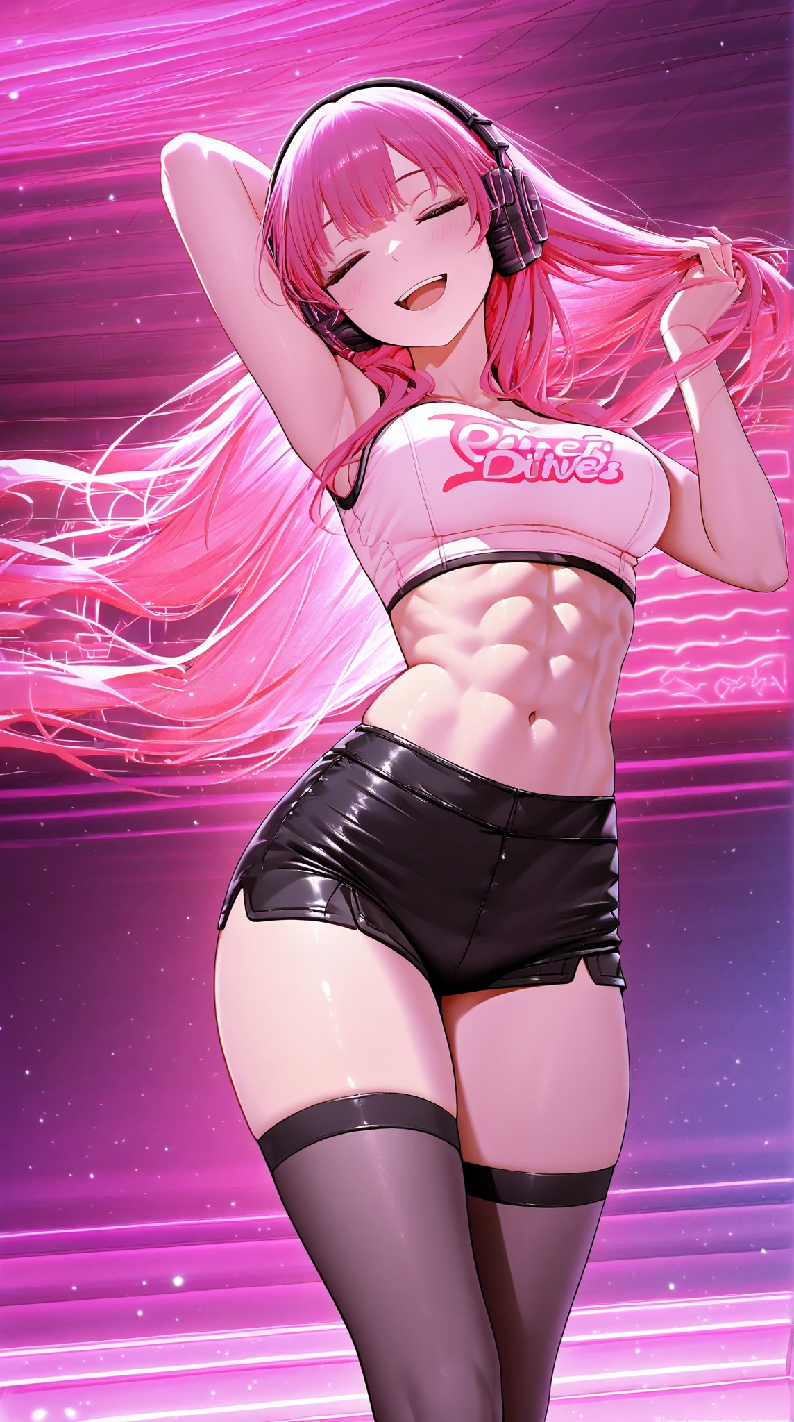 (Best quality, 8k, 32k, Masterpiece, UHD:1.2), kizuna ai, huge breasts,long hair, brown hair, multicolored hair, hair tied, pink hairband, pink highlights, streaked hair, pink sports bra, black jogging pants, navel, muscular abs, six packs, navel piercing, thong panties, sweaty armpits, short shorts, thick thighs, muscular arms, weightlifting, tattoos, dumbbell lifting