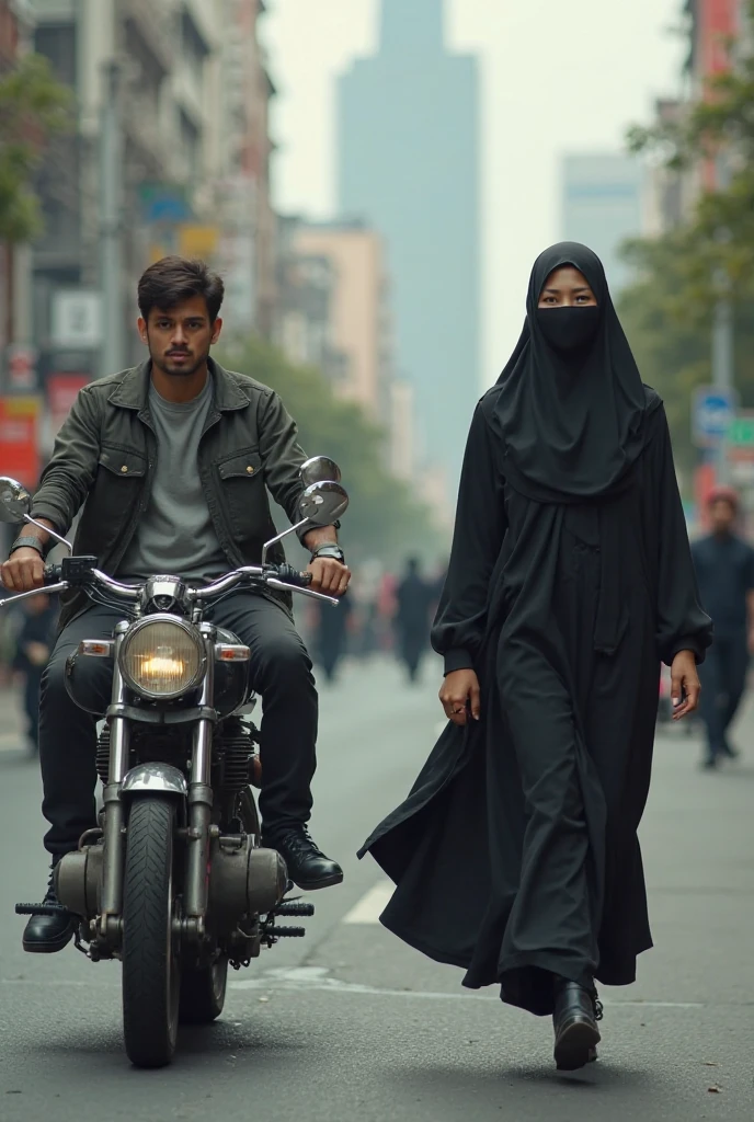 Create an image in which a girl in hijab and abaya is going to college and 2 boys on bike passing by are staring at her with lust in ratio of YouTube short 