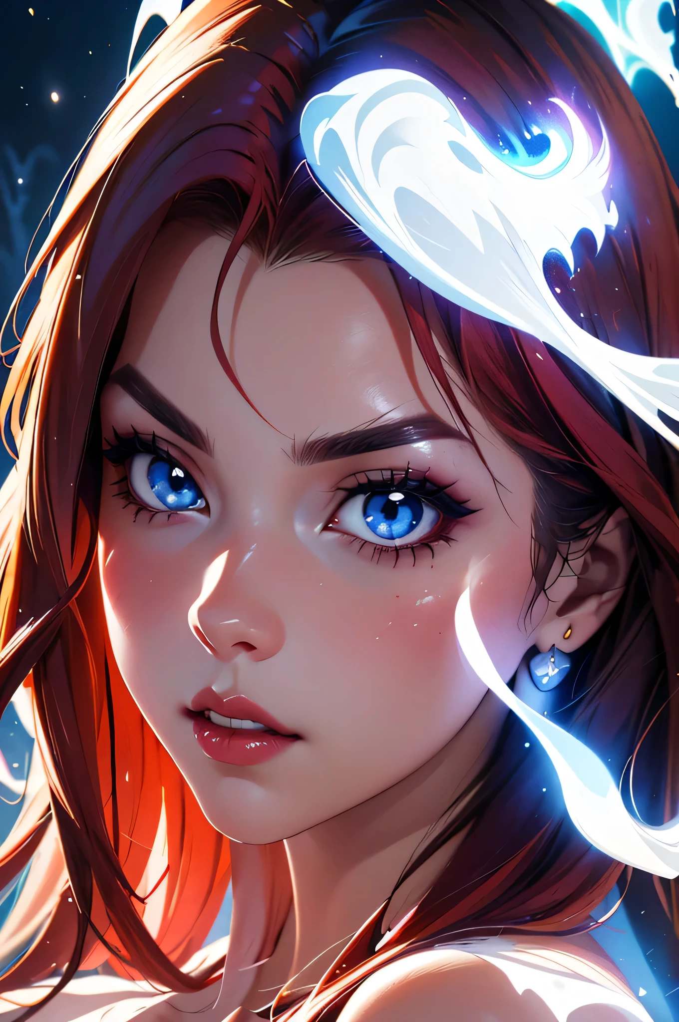 Portrait, beautiful powerful 30-year-old sorceress with long red hair, wearing a glowing magical dress, wanting a kiss, ghostly white aura emerging from her in the background, highly detailed face, beautiful face, fierce blue eyes, lush lips, alluring, stunning digital illustration