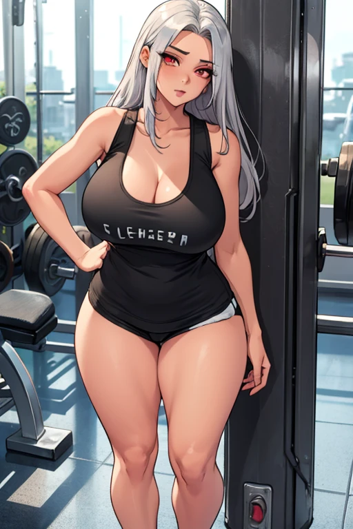 grey hair grey eyes cowboy shot (muscular) curvy (contempt expression) solo gym clothes (1 girl)