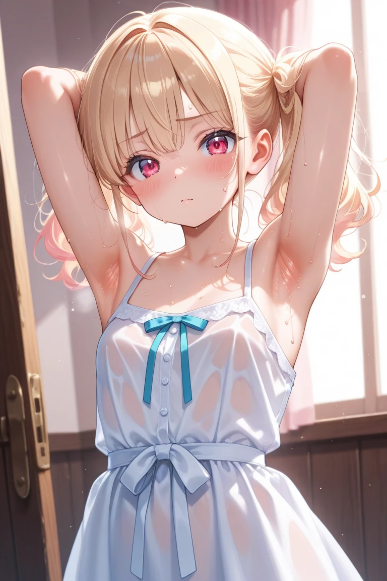 absurdres, (masterpiece, best quality), (ultra-detailed), extremely detailed, super high resolution, (Top Quality photorealistic Illustration), (Super Definition), (best quality,masterpiece:1.0),(cute illustration:1.3), (high Saturation:1.2), highres, ultra-detailed, 32k,8k resolution, intricate details, cinematic scene, detailed background, detailed background,(masutepiece:1.2), (Best Quality:1.2), hyper detailed illustration, beautiful artwork,(Extreme detail CG Unity), (8K Wallpaper)、(exquisite lighting and shadow)、(highly dramatic picture)、(cinematic lens effects),strong light coming in,
BREAK
(dynamic angle:1.6), (close to viewer:1.6),from below, depth background, in the Poolside, pool, splashing, blue sky, windy, rim light, sunlight, beautiful lighting, strong light, widely,
(girly standing:1.3), ((looking at viewer)),
BREAK
1 girl, (aaerika:1.8),cute girl, (round face:1.6), (baby face:1.6), (kawaii:1.6), (cute:1.6), (loli face:1.6), (round eyes), (ultra-detailed brilliant big eyes), (large pupil), ((shiny skin)), ((pale skin)), (shy), (blush), smile, BREAK baby pink eyes, long hair, twintails, hair ribbon
BREAK
(show off nipples:1.8), (exposing bare breasts:1.8), (exposed chest:1.8), (no bra:1.3),medium breasts, (small nipples:1.2), (small areolas:1.2),,(very extremely small panties:1.8),(pussy line:1.8), Big