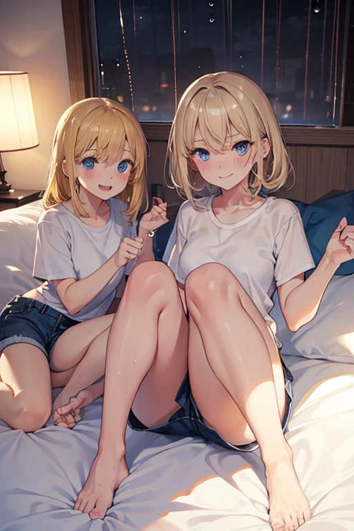 (superflat, flat shading, flat colors:1.1), 1girl, , , slim, small breast, messy blonde hair, white t-shirt, (white panties), (white socks), smile, blush, sleepy, sitting on bed, awake, bedroom, bright sunlight, warm, best shadows, watercolor, pussy