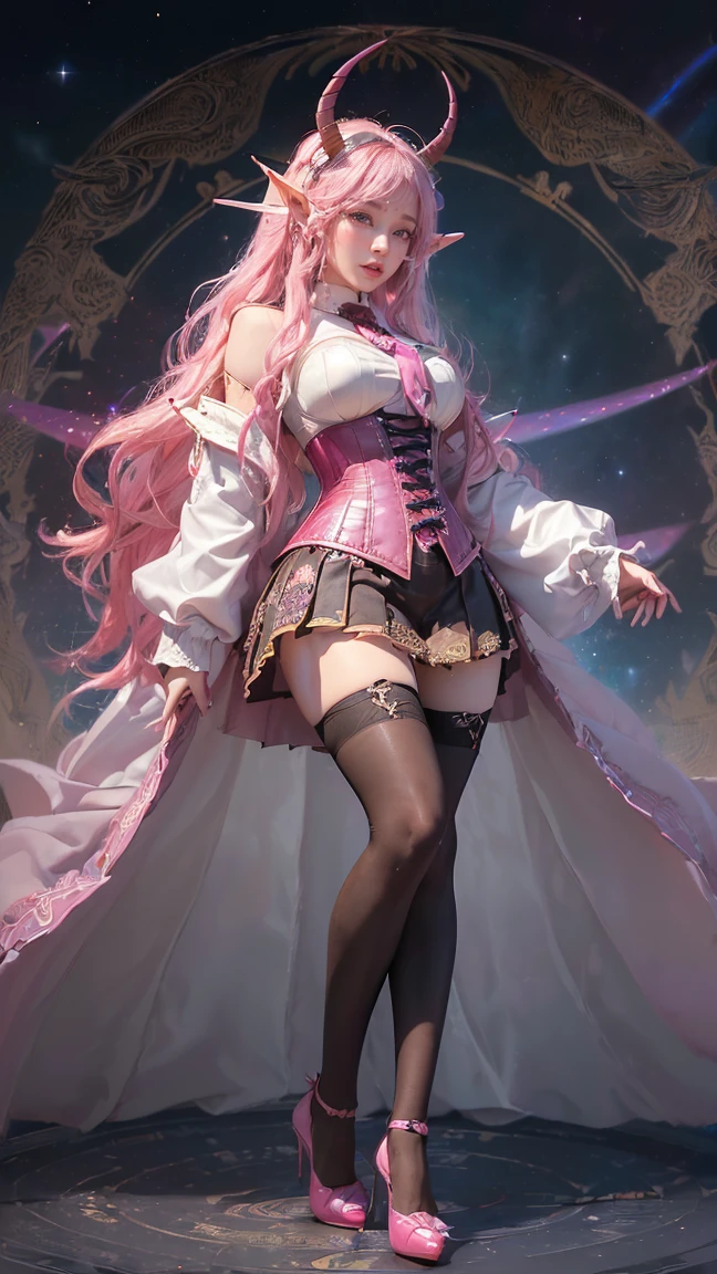 ((1girl, solo)), large breasts, beautiful body, (perfect anatomy, perfect body, perfect hands, perfect legs), natural proportions, sexy body, standing, crossed arms, finger to mouth, index finger raised BREAK 

((extremely detailed face)), yellow eyes, (beautiful detailed eyes:1.6), (realistic pupils, realistic iris:1), expressive eyes, looking at viewer, (clear eyes:1.3), (hyperrealistic:1.2), (detailed skin texture:1.2), smooth skin, multicolored hair, gradient hair, (pink hair:1.3), (white hair:1.2), bangs, hair between eyes, hair intakes, braided sidelocks, (detailed lips:1.2), (attractive lips:1.1), (glossy lips:1.1), perfect face, perfect eyes BREAK

white dress, (mini dress:1.5), (cleavage cutout:1.3), (underboob cutout:1.2), bare shoulders, detached sleeves, black sleeves, wide sleeves, thighs, zettai ryouiki, black thighhighs, thigh band, black footwear, high heels BREAK

(masterpiece:1.5), anime-style, top quality, best quality, (beautiful and aesthetic:1.2), (ultra detail:1.5), Ultra-detailed depiction, Ultra-precise depiction, extremely detailed 8k illustration, high resolution, (highly detailed shading:1.2), (realistic lighting:1.4), perfect lighting, vibrant colors, dynamic tones, striking hues, 8k, absurd resolution, perfect shadows, hdr, UHD, ambient lighting, realistic, ultra-realistic, photo realistic, highly detailed, rich detail, luminous colors, fine texture, intricate design, professional illustration, (soft light:1.2), (illustration:0.7)