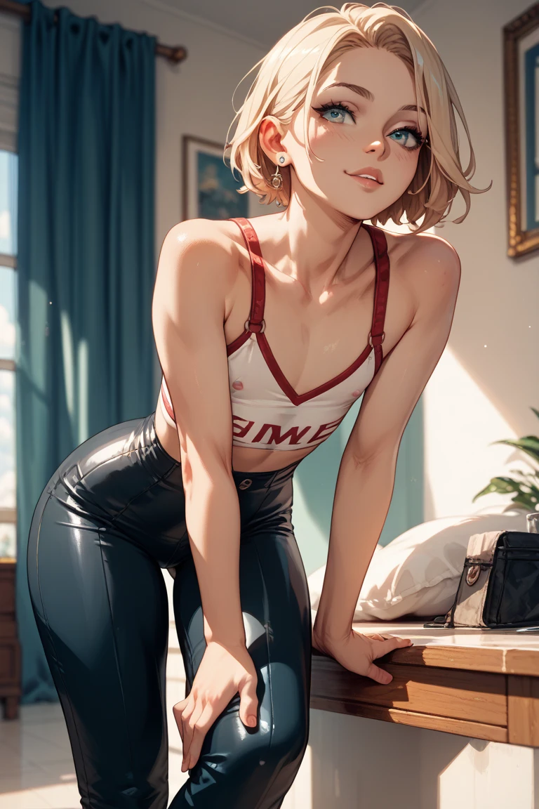 1girl, bangs, loli body, 13 year old girl, blonde hair, short hair, blue eyes, cleavage, sensual mouth, big breasts, ass facing the viewer, back to the screen, smile, tight, micro shorts 1.6, Ultra HD, 4k image, glasses, character close to the screen