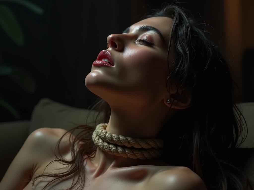 masutepiece, absurderes,award - winning photo, Extremely detailed, edgOrgasm, Woman with mouth open and eyes closed , Woman with Edge _Face、 lungs、Skin shiny with sweat、32years old、Sleeping, Arms up