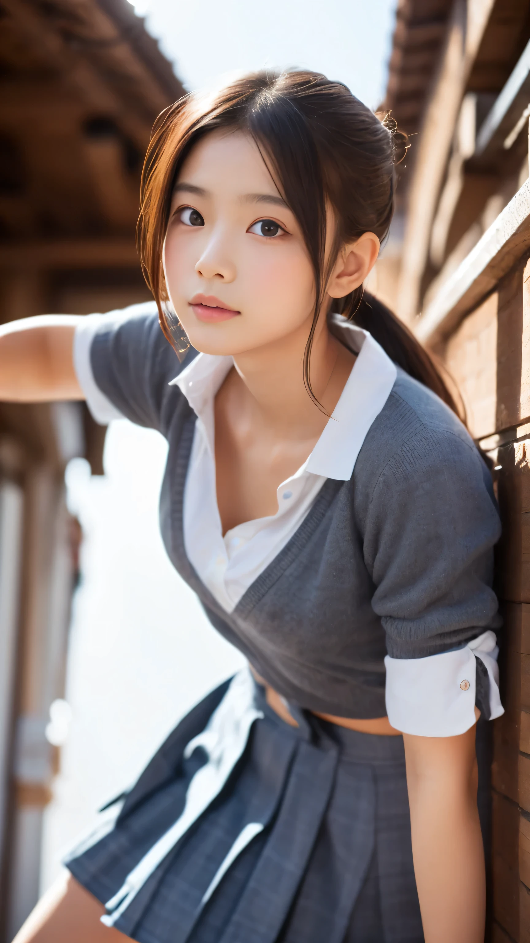 Full body portrait, young woman, smiling, drooping eyes, ((spread legs and (eccentric pose), showing off her butt and thin beautiful small genitals)), summer white shirt, ribbon, pleated skirt, outdoors background, braid, (((in the dark, dark hour of down))), sneakers, angle from back below,