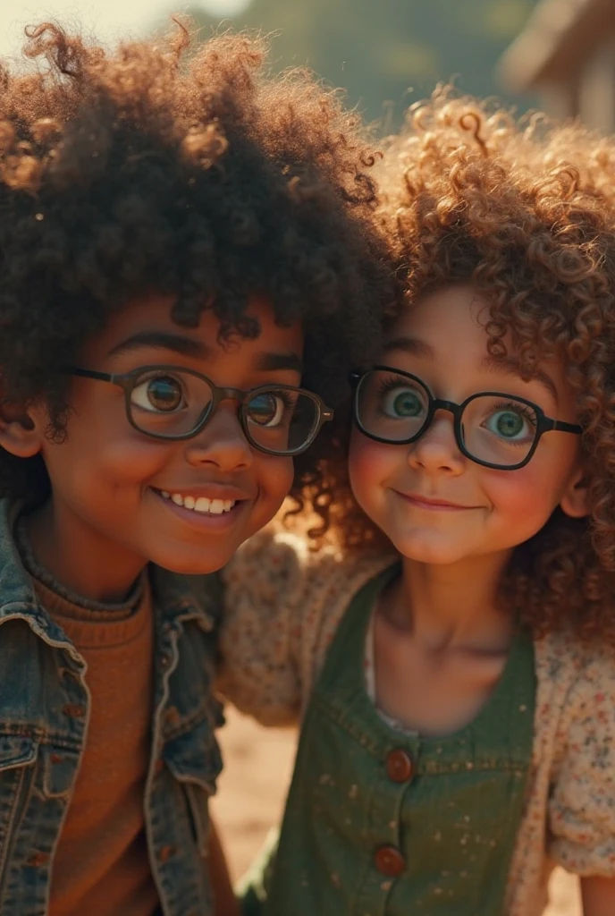 15 year old boy, dark brown skin, Large black lenses with green details, slightly fat but healthy, dark brown hair with curls, brown eye pupil. Standing next to a light-skinned, brown-haired boy with glasses, but more rectangular.