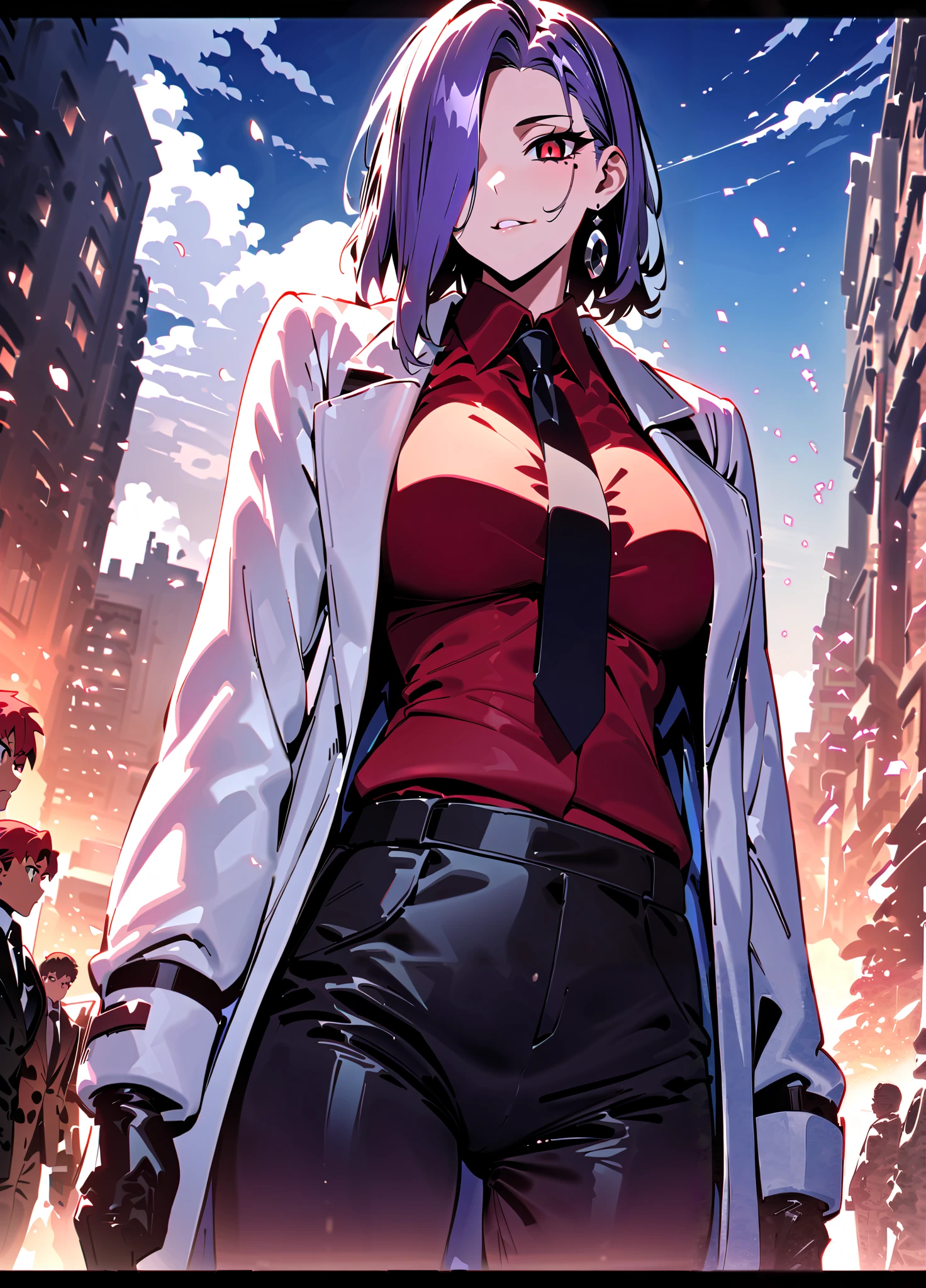 (masterpiece), (best quality), amazing quality, (very aesthetic), light particles, scenery, ultra detailed, score_9,score_8_up,score_7_up, BREAK, 1boy, emiya shirou \(fate\), 1girl, bazett fraga mcremitz \(fate\), gloves, short hair, black gloves, pants, necktie, red eyes, looking at viewer, mole, shirt, suit, long sleeves, black pants, formal, red shirt, mole under eye, coat, black necktie, grey coat, red hair, outdoors, parted bangs, collared shirt, open clothes, building, black suit, sky, jewelry, earrings, open coat, dress shirt, petals, container, breasts, jacket, black coat, purple hair, black jacket, cloud, night, dark, (backlighting), seductive expresion, sexually suggestive, dynamic lighting, dynamic angle, sharp focus, distortion-free, illustration, ,masterpiece,best quality,amazing quality, absurdres, perfect_anatomy, intricate eyes, anatomically_correct_body, extremely detailed eyes, (expressive eyes), EyesHD, beautiful eyes, perfect eyes, extremely detailed skin, (heavy lines, black outline), high score, great score, year2024, year2023, ultra high resolution, 8K, UHD, HD, HDR, high contrast, (nyantcha:0.5), (takeuchi takashi:0.5), (edjim:0.5),