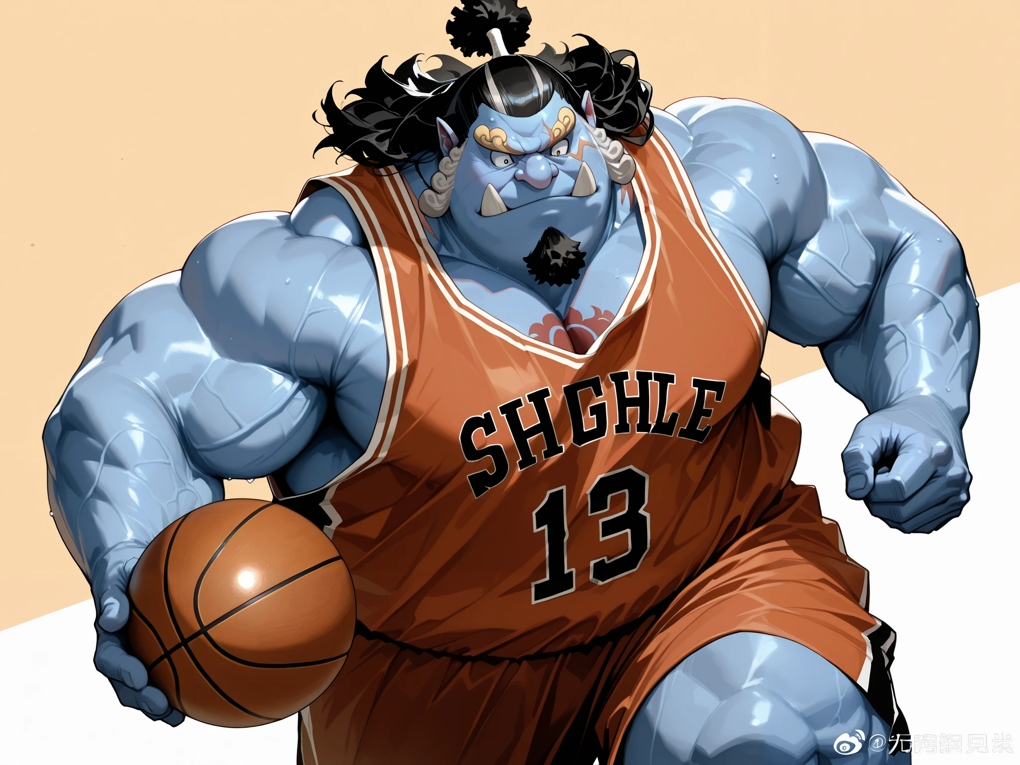 solo, chubby jinbe, chest tattoo, happy, side chest, Stand slightly sideways, side angel, shirtless, very huge pectoral, shorts, basketball, jersey, basketball fields, running, playing basketball, dribble ball, detailed face:1.3, eyes, wide shoulder, thick arms, wide pectoral, muscle, short hair:1.2, masterpiece, semirealistic:1.2, high detailed, 8k, high resolution
