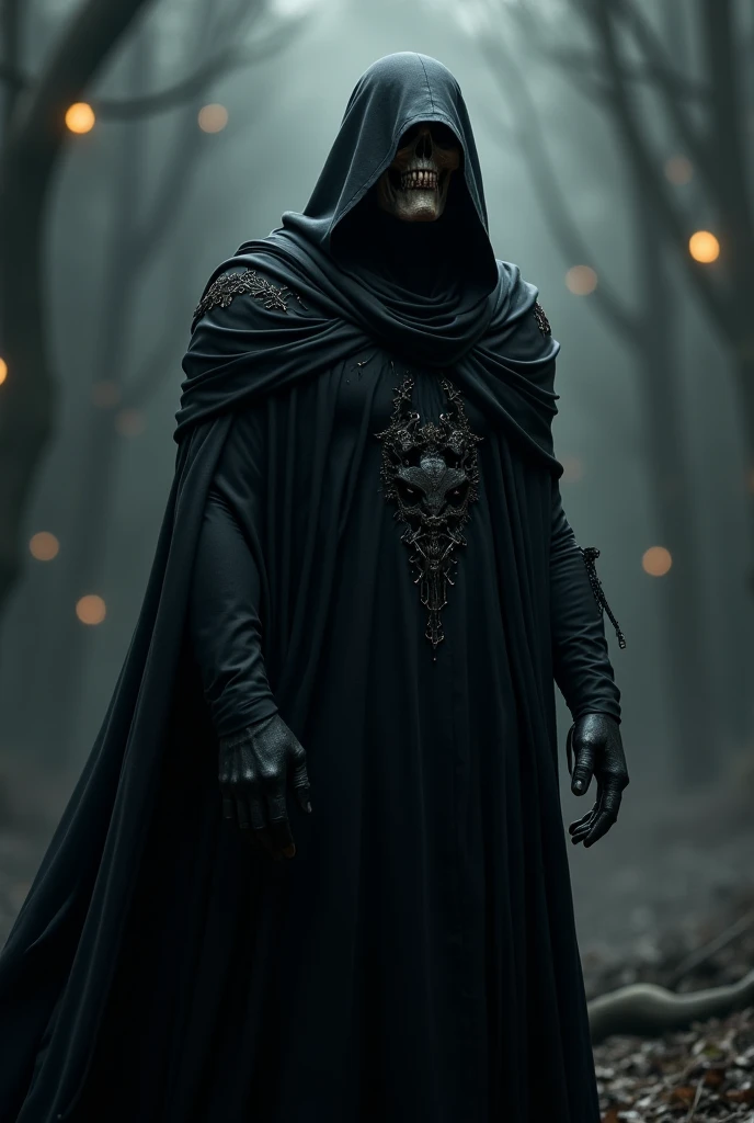 "The dark lord of the Underworld, dressed in a flowing black robe adorned with silver accents. His pale skin contrasts with his piercing dark eyes, which seem to see through the souls of those who cross his path. He holds a staff crowned with a skull, and the shadows of the Underworld swirl around him as he commands the dead."