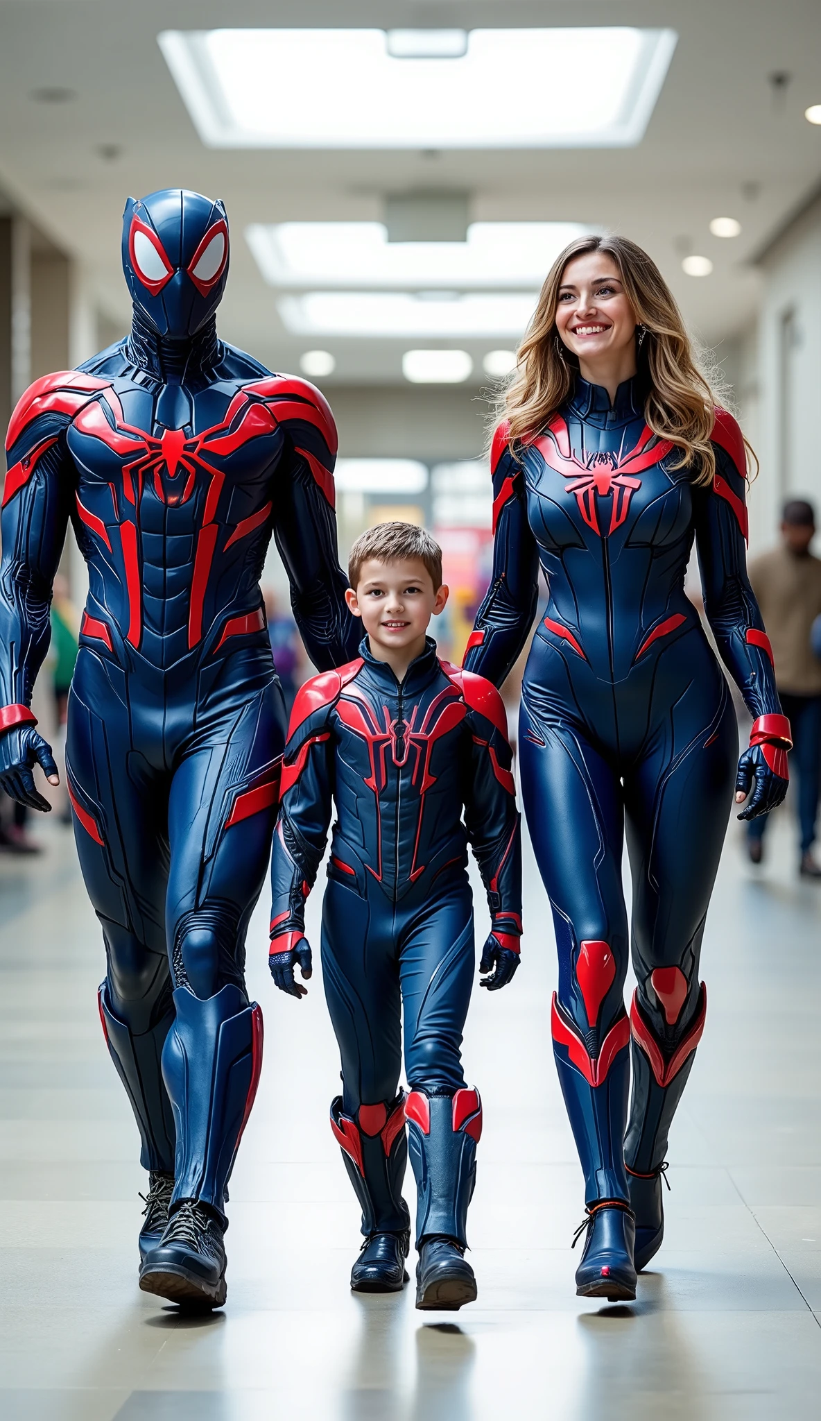 character: 1 man with mask full head, 1 boy, and ung women.
action: Walk straight and look straight ahead.
Expression : smiling.
Costume : they Wearing futuristic blue Spiderman body suit with red armor.
Background : A bright indoor public space , with people vaguely seen in the distance, shows that this picture was taken at a fun event or get-together, maybe a convention or costume . They radiate happiness as they walk confidently in their superhero costumes. Show the whole body.