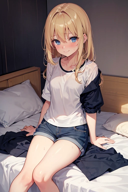 masterpiece, highest quality, High resolution, One 14-year-old girl、blue eyes、
blonde, Braiding, White shirt, White panties、room、bed、Sit with one leg up
