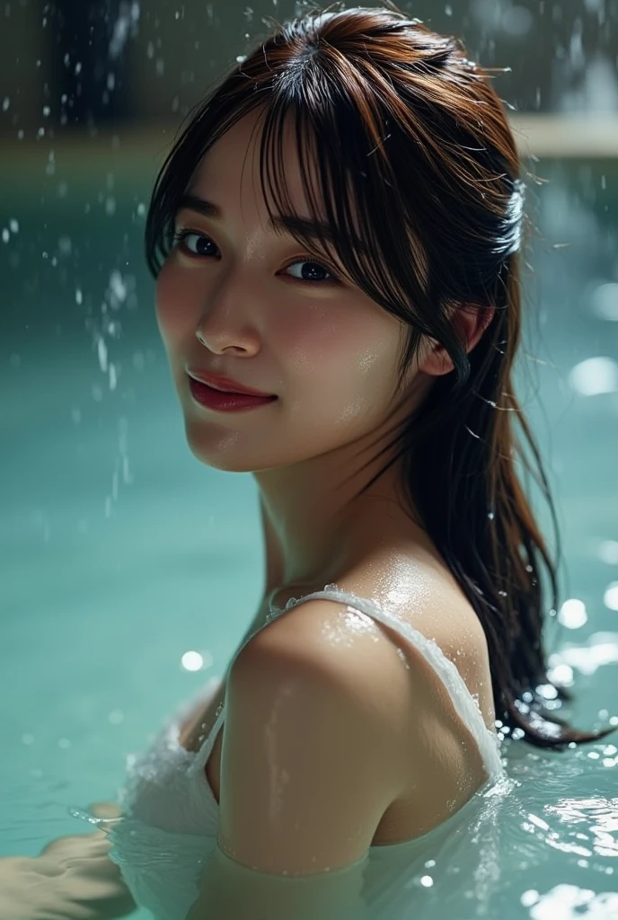 (((solo person))),(((A young actress with outstanding style poses for a gravure photoshoot at an old hot spring inn with an evening atmosphere.))),(((Enjoy the hot springs by soaking yourself up to your shoulders in a small mixed rock bath with a beautiful sunset.))),((Take a photo from high above)),(((A small high-leg one-piece swimsuit made of transparent white material that hugs the body.))),((Full body shot from high above)),(((Immersed up to her shoulders in the hot springs, she lifts her chin and looks up at the camera.))),(((Sitting in the bathtub with your knees together))),(((masutepiece:1.6))),(((ulzzang-6500))),(((perfect anatomia:1.3))),(((Beautiful background bokeh with deep depth of field by Hasselblad))),(((beautiful waistline))),masterpiece,top-quality,超A high resolution,High resolution upper body portrait,(photographrealistic:1.4),(((High nose and chiseled beautiful face))),(((Long limbs like a model))),Fair skin is dazzling,age,cute little,Her long, lustrous chestnut hair is tied back and the nape of her neck is very sexy.,((Plump G-cup bust and narrow waistline),A detailed eye,((Laugh so hard that the corners of your mouth turn up and you can see your teeth)),Cute big eyes and long eyelashes,Distinct double eyelids,((shiny thick lips)),(((perfect anatomia))),