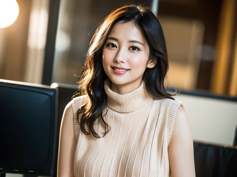 ulzzang -6500-v1.1, (Raw photo:1.2), (Photorealsitic), Beautiful detailed, (Real: 1.4), ighly detailedな目と顔, beatiful detailed eyes, Standing in the office、Sleeveless High Neck Sweater、flered skirt、Ultra-realistic pantyhose、high-heels、standing with legs crossed、huge filesize, hight resolution, ighly detailed, top-quality, [​masterpiece:1.6], illustratio, ighly detailed, nffsw, finely detail, top-quality, 8k wallpaper, Cinematographic lighting, 1 milf, 43 yeas old, perfect body type, cute droopy eyes beautiful big eyes、Pieckfinger, ((masutepiece)), Best Quality, 1 milf, eye shadow, Upper body, Portrait, ((FULL BODYSHOT:1.2))、(Very affectionate smile:1.2)、