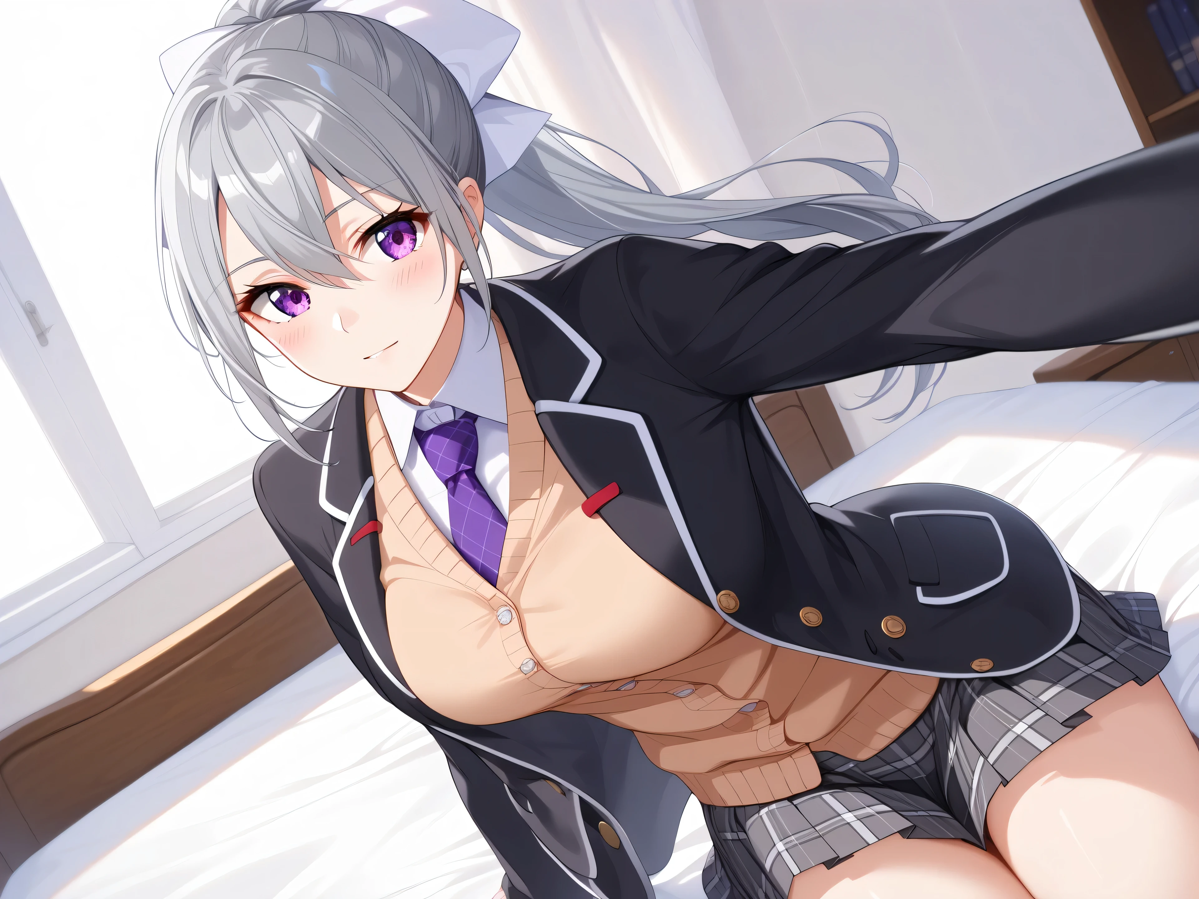 1woman,best quality,ultra-detailed,high resolution,extremely detailed CG,unity 8k wallpaper,score_9, score_8_up, score_7_up, source_anime,hk1, purple eyes, grey hair, hair between eyes, long hair,ponytail, bow, white bow,shirt, cardigan, jacket, black jacket, blazer, skirt, grey skirt, plaid skirt, nsfw,mature female,professional quality、bed room、medium breasts、pleated skirt、tsurime,Official Art,cnecktie, purple necktie,