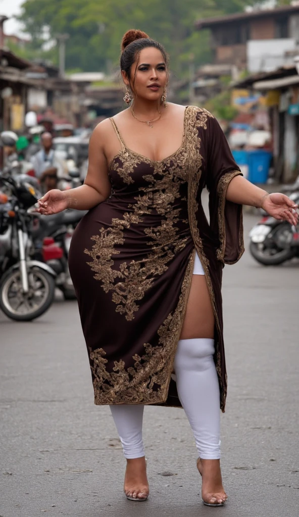MASSIVE HIPS, MASSIVE BUTTOCKS, translucent (khaki plastic) leg warmers, UHD, She's a dark skin melanin Goddess, translucent puffy MASSIVE sleeves skirt, rural sidewalk, with infinitely small waist, tiny thin waistline, tiny waist, high top fade cut, no nudity 
