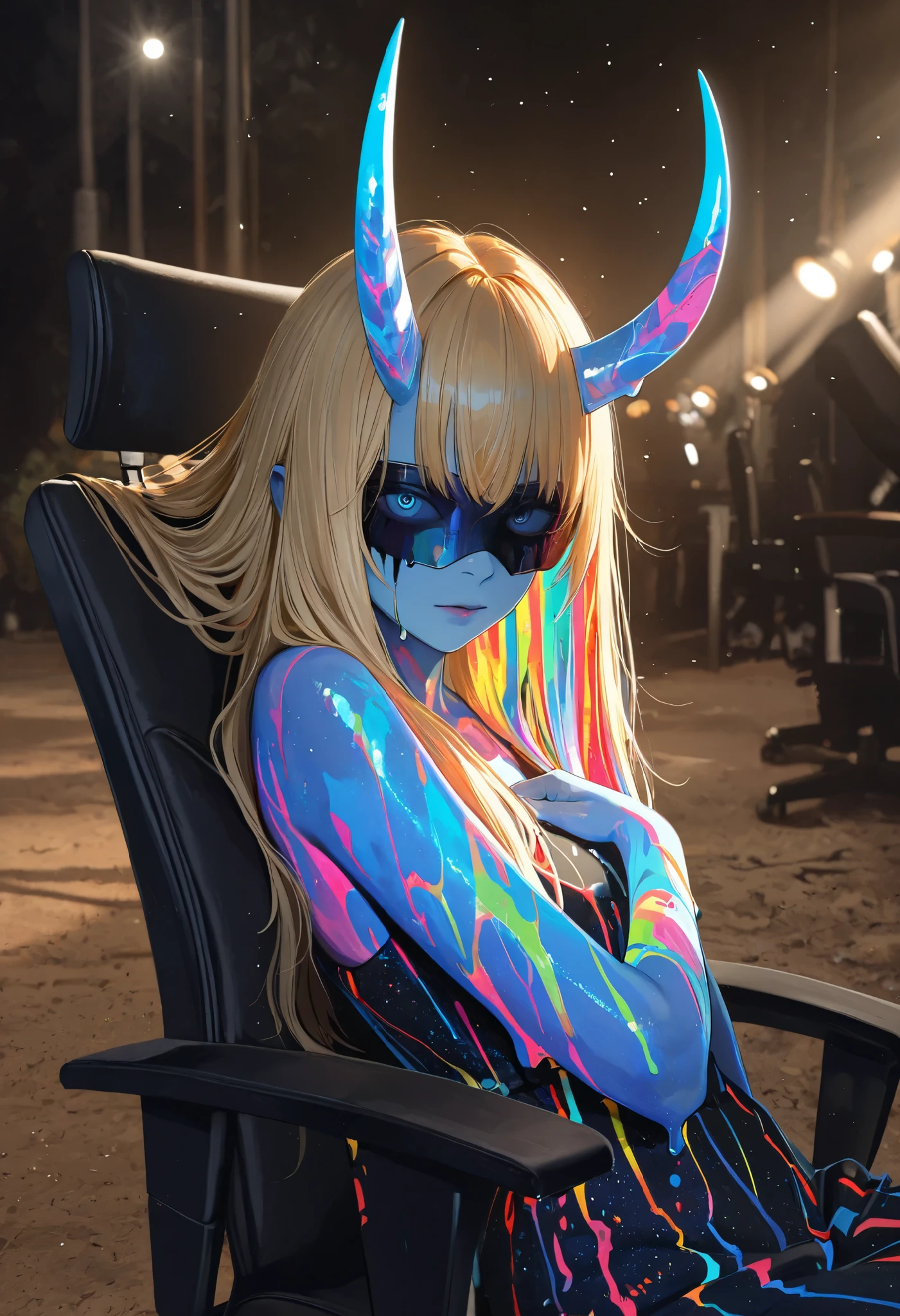 Masterpiece, jumpsuit best quality, good quality, very ava , newest , high definition, absurdress,outdoors, Colorful, abstract,with ominous sandy religious motifs,Rays of light, lights, dynamic corner, neon colors, Dripping paint effect, melting style, oil painting style, , textures with a deep sense of mystery and foreboding,Ака-They, They, colored skin, blue skin is confusing, the smooth horns of the , blue horns, blue eyes,blond hair, Dark shades, rays of god, surreal images , , higher-resolution, horror \(topic\), graphic resolution 4k ,photorealistic,HD32k, beautiful landscape,very wide frame, dark palette,15546+456868, xxx667 _Office chair Illu ,BREAK, photorealistic, beautiful detailed eyes, detailed skin , detailed hair, surround lighting, spotted light, light particles, dramatic shadows, cinematic lighting, photo background, depth of field,
