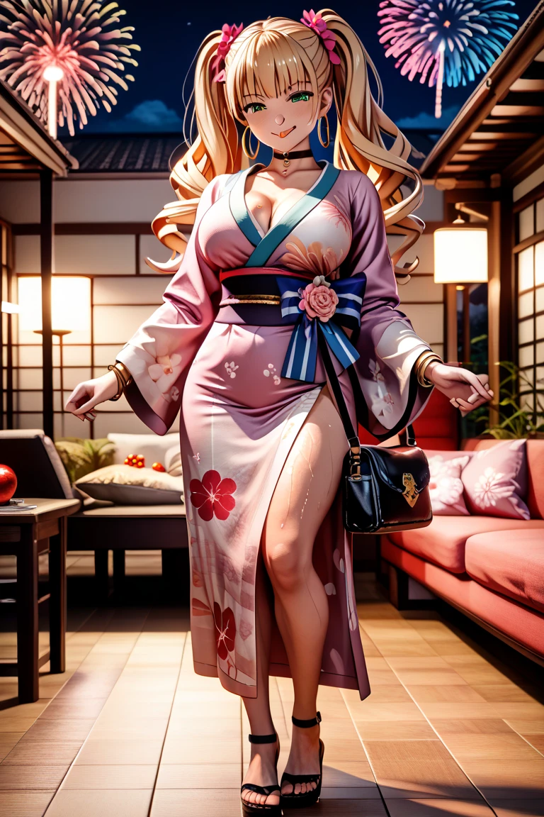 
solo, long hair, breasts, looking at viewer, blush, bangs, large breasts:1.6, hair ornament, cleavage, blue eyes, full body, yellow hair, parted lips, japanese clothes, kimono, mole, mole under eye, kushina ,curve body,milf,motherly,mature female,night sky ,standing , leaning toward front,cross hand holding kimono,untied kimono
