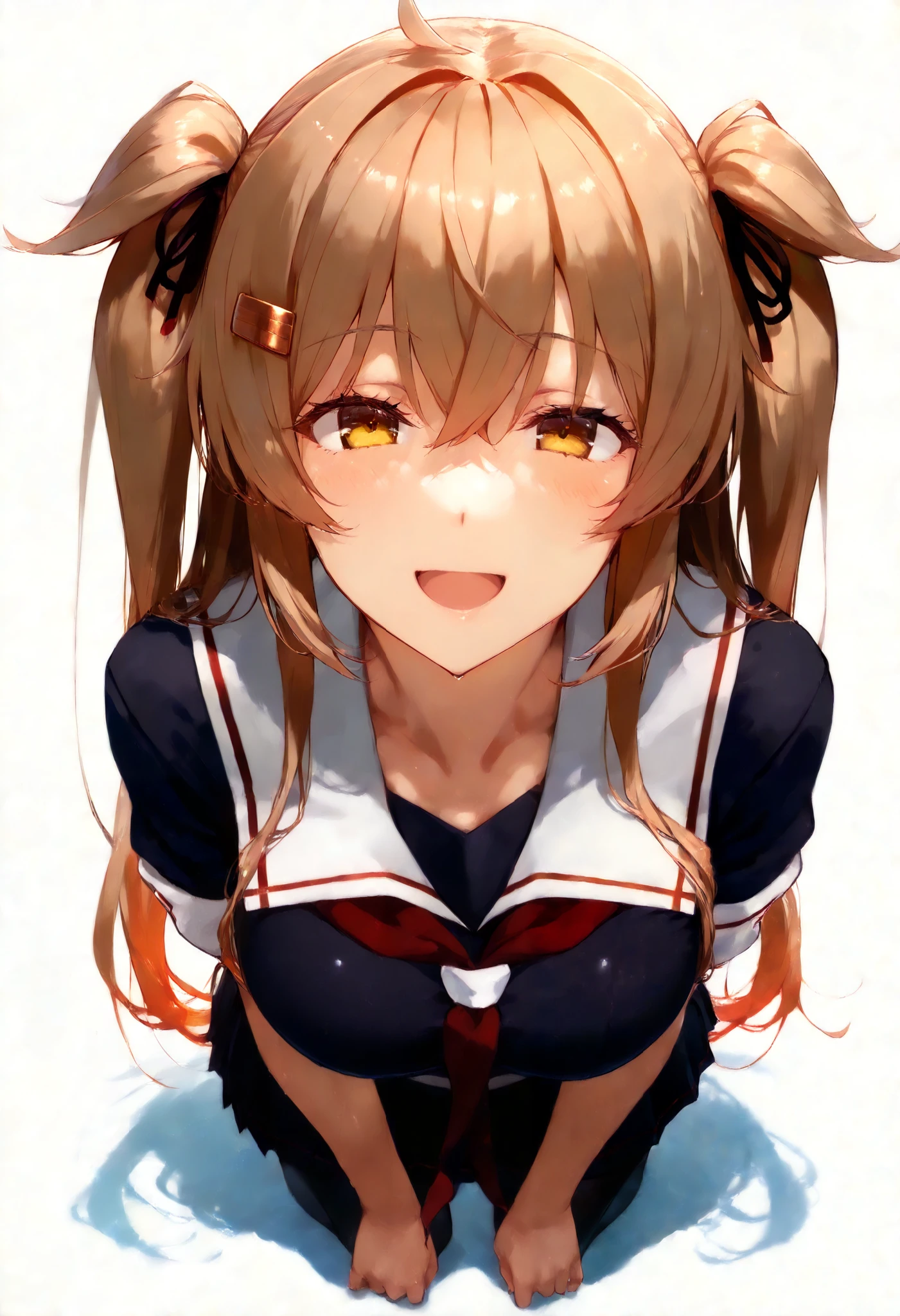 Murasamekai2kc, kantai collection,score_9, score_8_up, score_7_up, source_anime, 1 girl , (masterpiece) , , kantai collection,1 girl , (masterpiece) , BEST QUALITY , high resolution , 村雨改二 Kantai Collection ,Highest quality, masterpiece, high resolution, alone, (The Murasame Kai_Kantai Collection), 長いhair, ライトブラウンhair, (yellow eyes, red eye, [Strange Eyes) ribbon, smile, hair_ribbon, (black sailor suit), (white sailor color), chest, twin tails, Two_side_up, hair_flap, hair_ornament, one girl, school uniform, Neckerchief, open_mouth, 赤Neckerchief, white background, full body view,