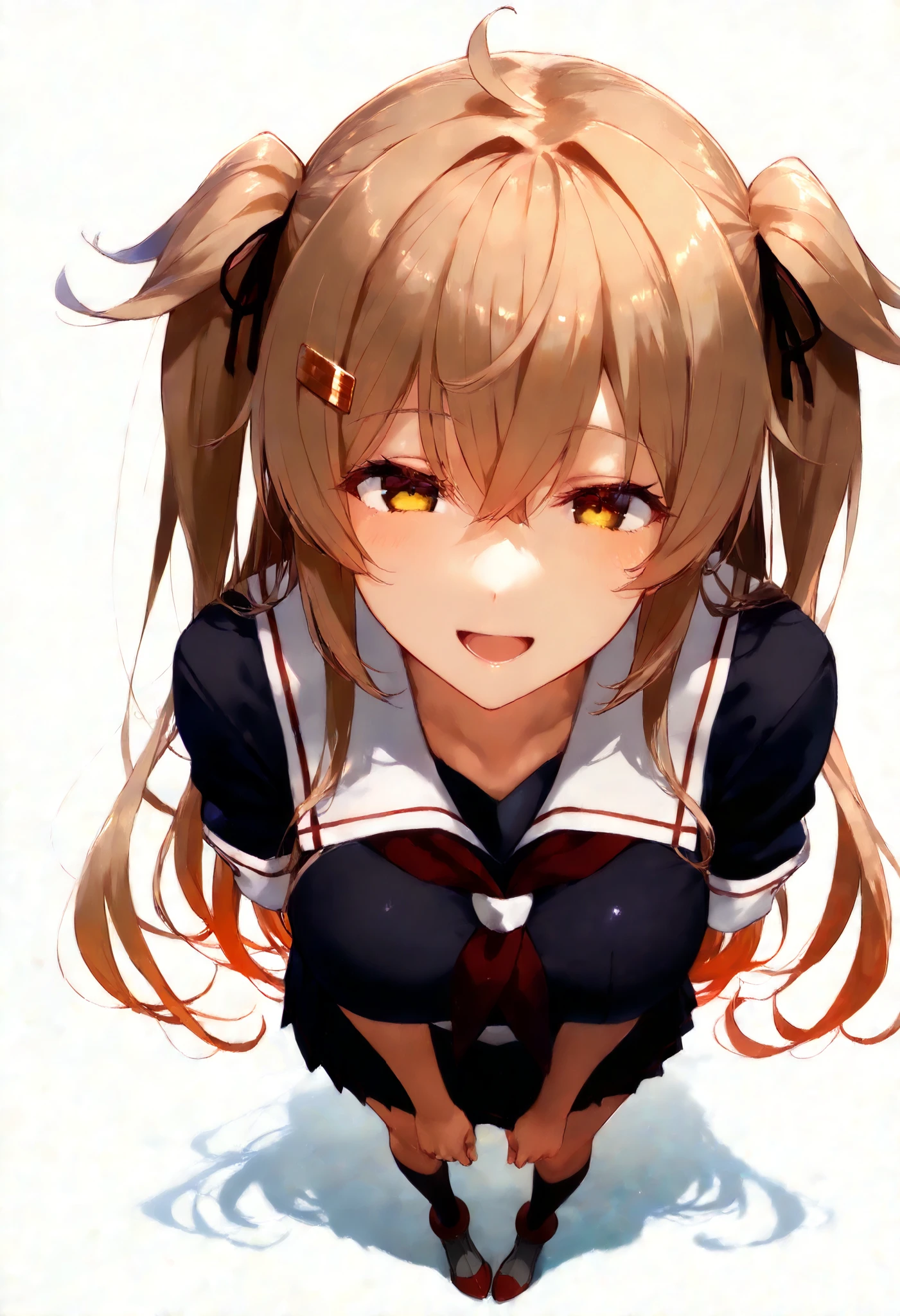 Murasamekai2kc, kantai collection,score_9, score_8_up, score_7_up, source_anime, 1 girl , (masterpiece) , , kantai collection,1 girl , (masterpiece) , BEST QUALITY , high resolution , 村雨改二 Kantai Collection ,Highest quality, masterpiece, high resolution, alone, (The Murasame Kai_Kantai Collection), 長いhair, ライトブラウンhair, (yellow eyes, red eye, [Strange Eyes) ribbon, smile, hair_ribbon, (black sailor suit), (white sailor color), chest, twin tails, Two_side_up, hair_flap, hair_ornament, one girl, school uniform, Neckerchief, open_mouth, 赤Neckerchief, white background, full body view,