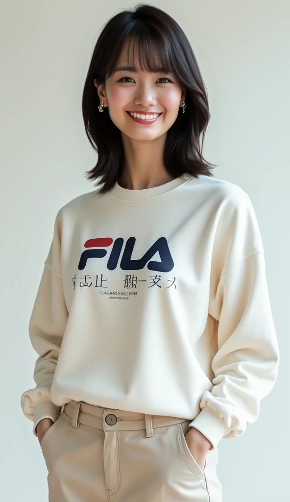 Full body shot of a cute Japanese woman wearing a FILA round neck hoodie with a cute pattern and chinos